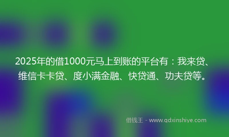 2025年的借1000元马上到账的平台有：我来贷、维信卡卡贷、度小满金融、快贷通、功夫贷等。