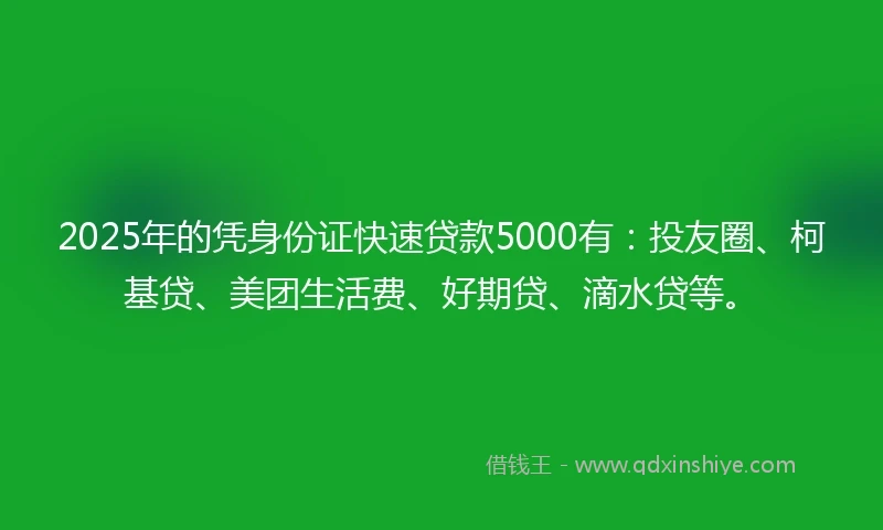 2025年的凭身份证快速贷款5000有：投友圈、柯基贷、美团生活费、好期贷、滴水贷等。