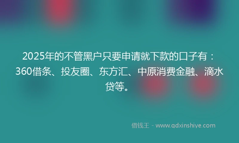 2025年的不管黑户只要申请就下款的口子有:360借条、投友圈、东方汇、中原消费金融、滴水贷等。