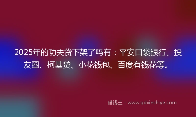 2025年的功夫贷下架了吗有:平安口袋银行、投友圈、柯基贷、小花钱包、百度有钱花等。