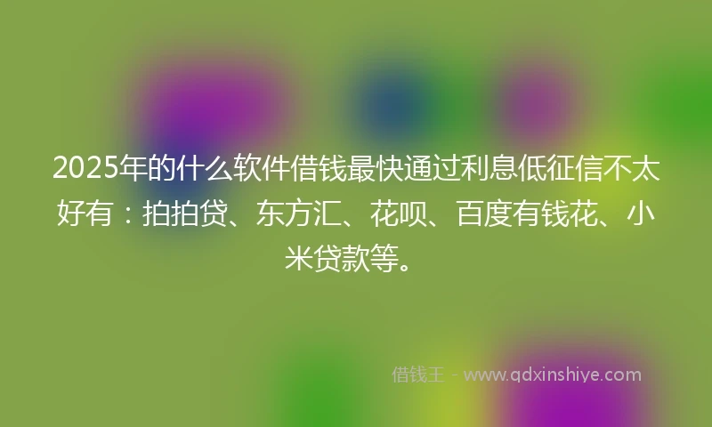 2025年的什么软件借钱最快通过利息低征信不太好有：拍拍贷、东方汇、花呗、百度有钱花、小米贷款等。