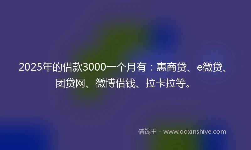 2025年的借款3000一个月有：惠商贷、e微贷、团贷网、微博借钱、拉卡拉等。