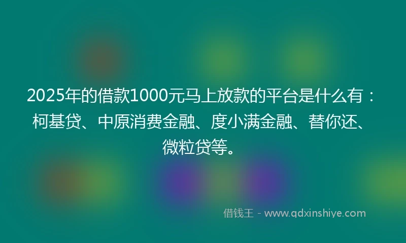 2025年的借款1000元马上放款的平台是什么有：柯基贷、中原消费金融、度小满金融、替你还、微粒贷等。