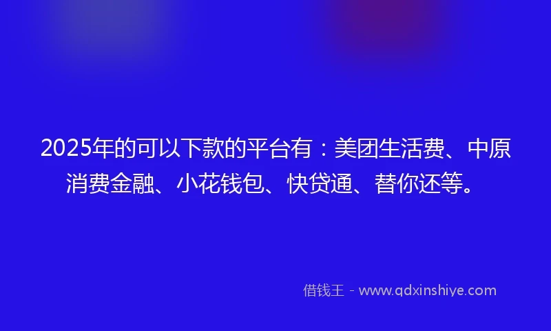 2025年的可以下款的平台有：美团生活费、中原消费金融、小花钱包、快贷通、替你还等。