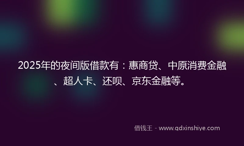 2025年的夜间版借款有：惠商贷、中原消费金融、超人卡、还呗、京东金融等。