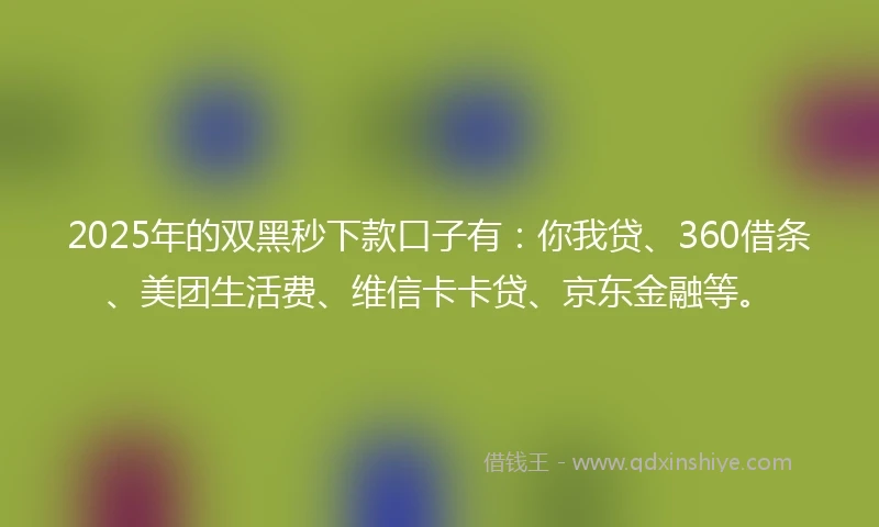 2025年的双黑秒下款口子有：你我贷、360借条、美团生活费、维信卡卡贷、京东金融等。