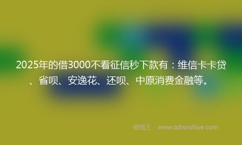 2025年的借3000不看征信秒下款有：维信卡卡贷、省呗、安逸花、还呗、中原消费金融等。