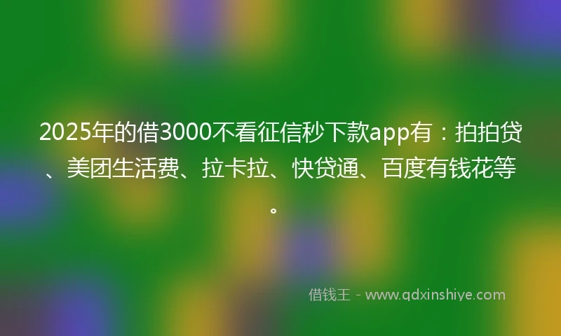 2025年的借3000不看征信秒下款app有：拍拍贷、美团生活费、拉卡拉、快贷通、百度有钱花等。