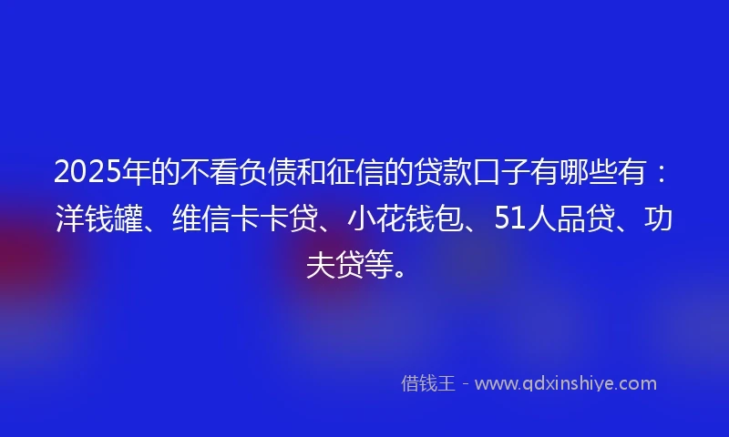 2025年的不看负债和征信的贷款口子有哪些有：洋钱罐、维信卡卡贷、小花钱包、51人品贷、功夫贷等。