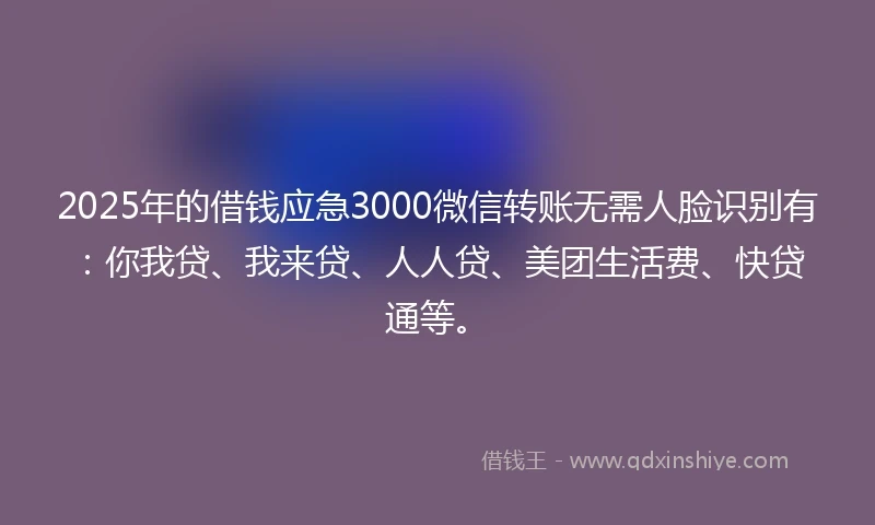 2025年的借钱应急3000微信转账无需人脸识别有：你我贷、我来贷、人人贷、美团生活费、快贷通等。