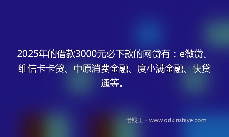2025年的借款3000元必下款的网贷有：e微贷、维信卡卡贷、中原消费金融、度小满金融、快贷通等。