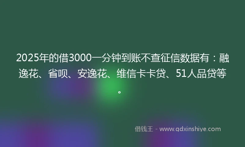 2025年的借3000一分钟到账不查征信数据有:融逸花、省呗、安逸花、维信卡卡贷、51人品贷等。