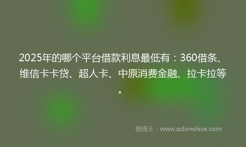 2025年的哪个平台借款利息最低有：360借条、维信卡卡贷、超人卡、中原消费金融、拉卡拉等。
