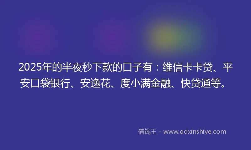 2025年的半夜秒下款的口子有：维信卡卡贷、平安口袋银行、安逸花、度小满金融、快贷通等。