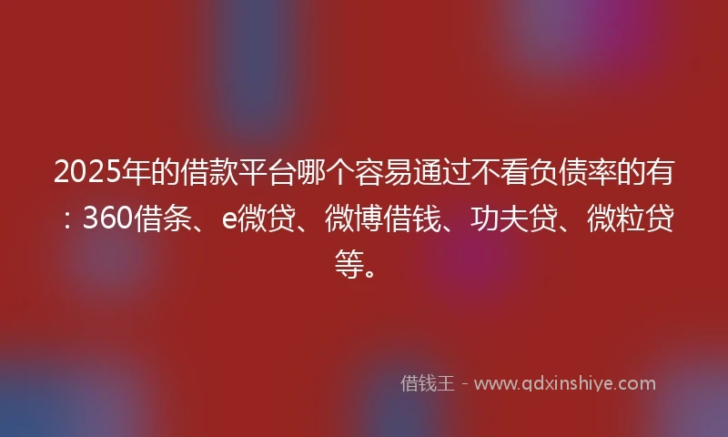 2025年的借款平台哪个容易通过不看负债率的有：360借条、e微贷、微博借钱、功夫贷、微粒贷等。