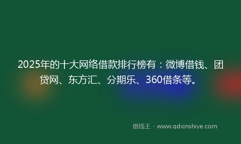 2025年的十大网络借款排行榜有：微博借钱、团贷网、东方汇、分期乐、360借条等。