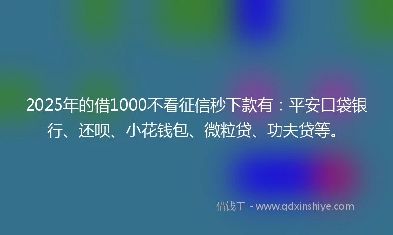 2025年的借1000不看征信秒下款有：平安口袋银行、还呗、小花钱包、微粒贷、功夫贷等。