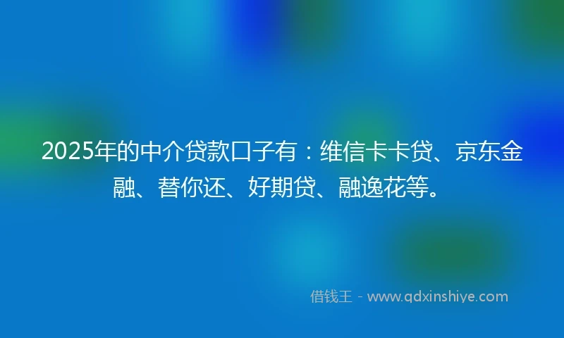 2025年的中介贷款口子有:维信卡卡贷、京东金融、替你还、好期贷、融逸花等。