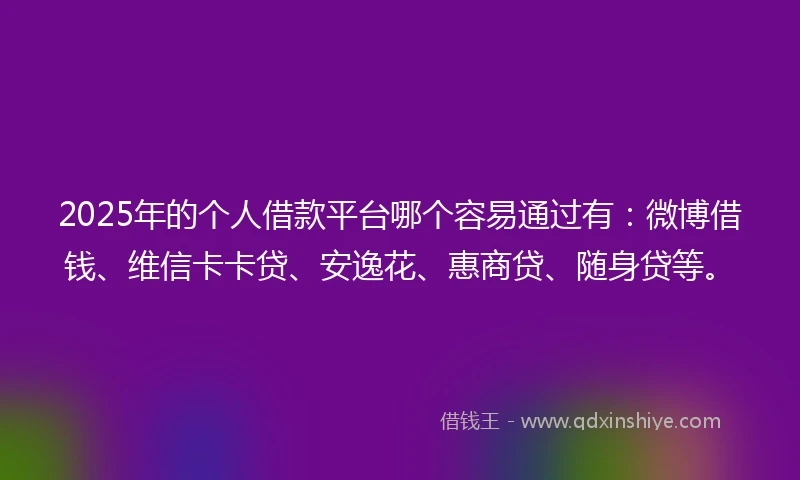 2025年的个人借款平台哪个容易通过有：微博借钱、维信卡卡贷、安逸花、惠商贷、随身贷等。