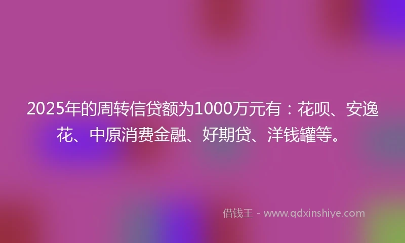 2025年的周转信贷额为1000万元有:花呗、安逸花、中原消费金融、好期贷、洋钱罐等。