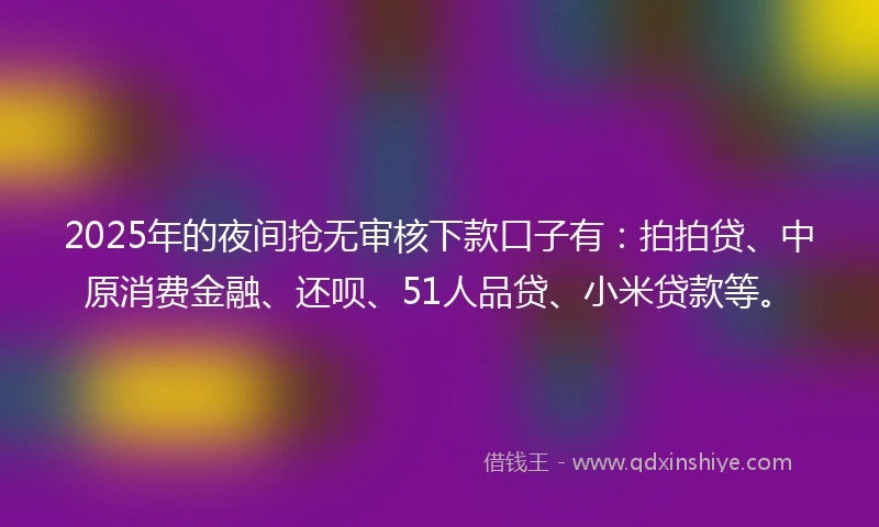 2025年的夜间抢无审核下款口子有：拍拍贷、中原消费金融、还呗、51人品贷、小米贷款等。