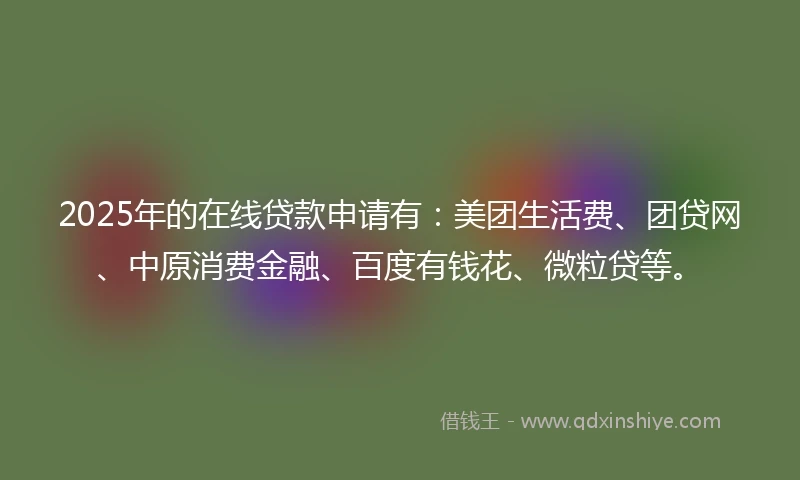 2025年的在线贷款申请有：美团生活费、团贷网、中原消费金融、百度有钱花、微粒贷等。