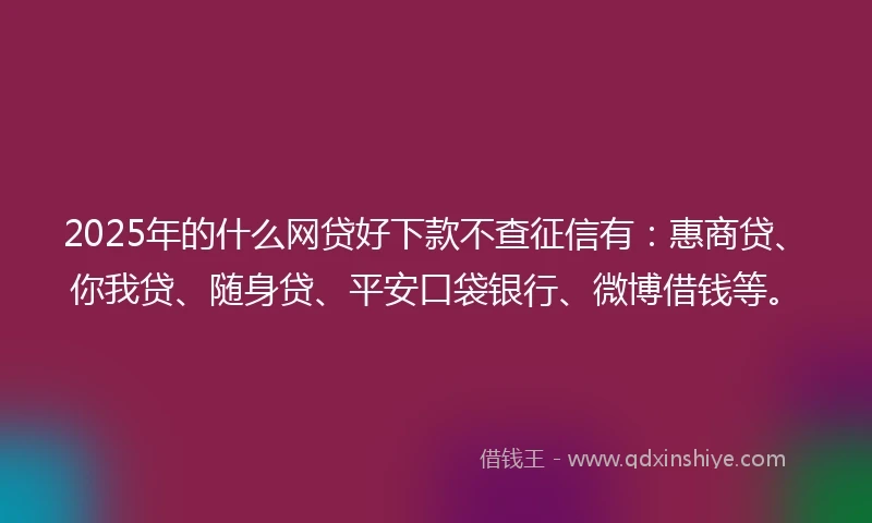 2025年的什么网贷好下款不查征信有：惠商贷、你我贷、随身贷、平安口袋银行、微博借钱等。
