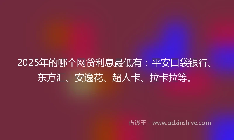 2025年的哪个网贷利息最低有：平安口袋银行、东方汇、安逸花、超人卡、拉卡拉等。