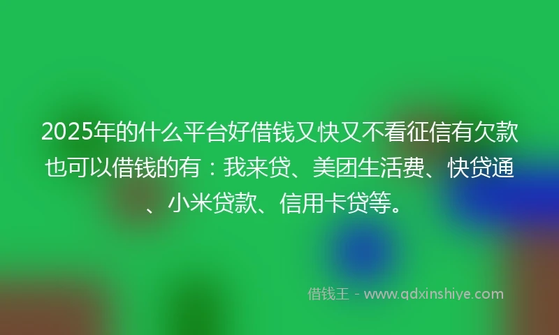 2025年的什么平台好借钱又快又不看征信有欠款也可以借钱的有:我来贷、美团生活费、快贷通、小米贷款、信用卡贷等。