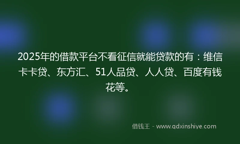 2025年的借款平台不看征信就能贷款的有：维信卡卡贷、东方汇、51人品贷、人人贷、百度有钱花等。