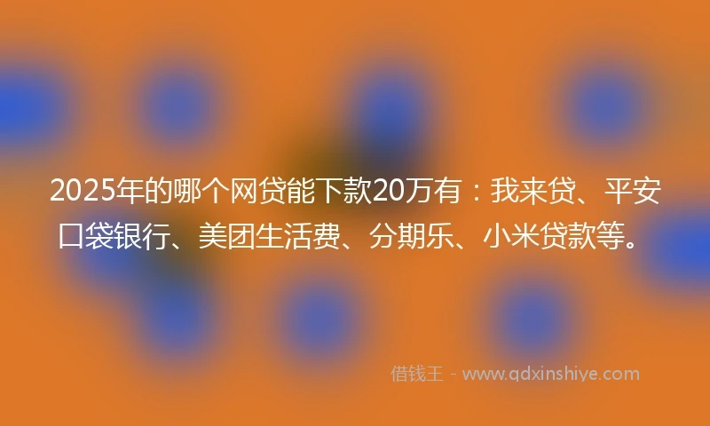 2025年的哪个网贷能下款20万有：我来贷、平安口袋银行、美团生活费、分期乐、小米贷款等。
