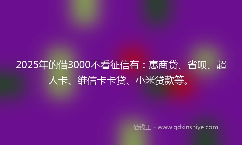 2025年的借3000不看征信有：惠商贷、省呗、超人卡、维信卡卡贷、小米贷款等。