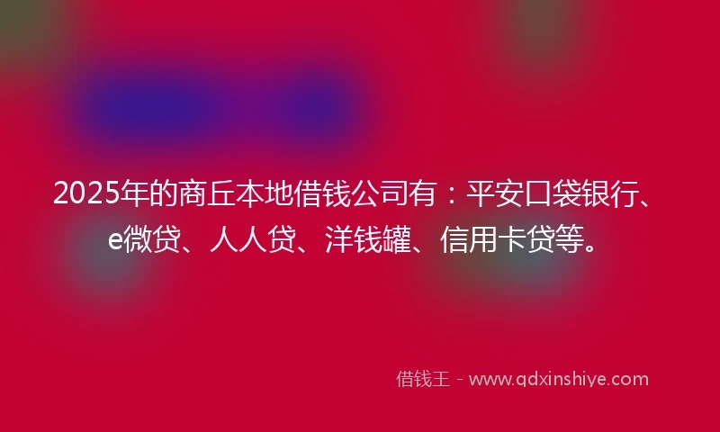 2025年的商丘本地借钱公司有：平安口袋银行、e微贷、人人贷、洋钱罐、信用卡贷等。