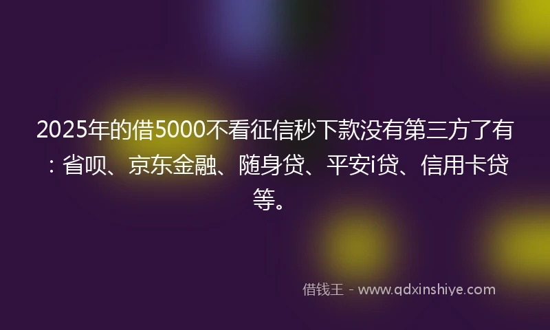 2025年的借5000不看征信秒下款没有第三方了有：省呗、京东金融、随身贷、平安i贷、信用卡贷等。