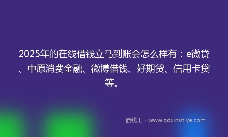 2025年的在线借钱立马到账会怎么样有:e微贷、中原消费金融、微博借钱、好期贷、信用卡贷等。