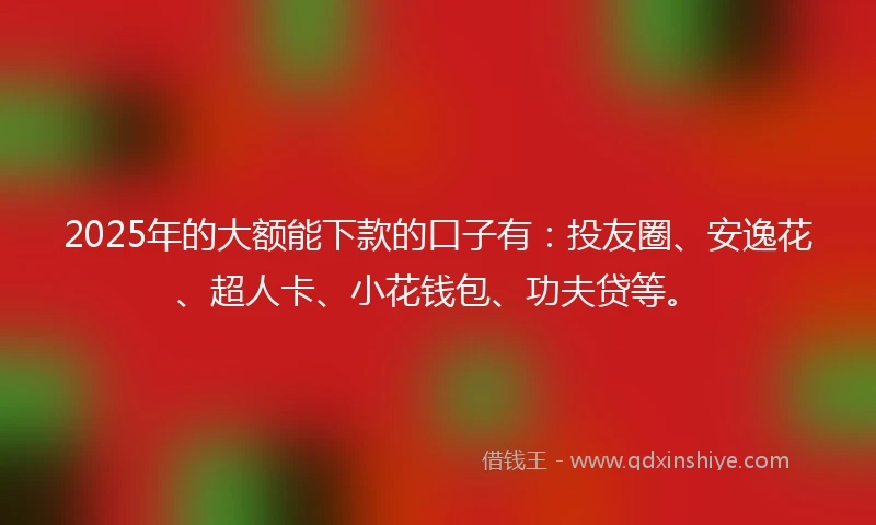 2025年的大额能下款的口子有：投友圈、安逸花、超人卡、小花钱包、功夫贷等。
