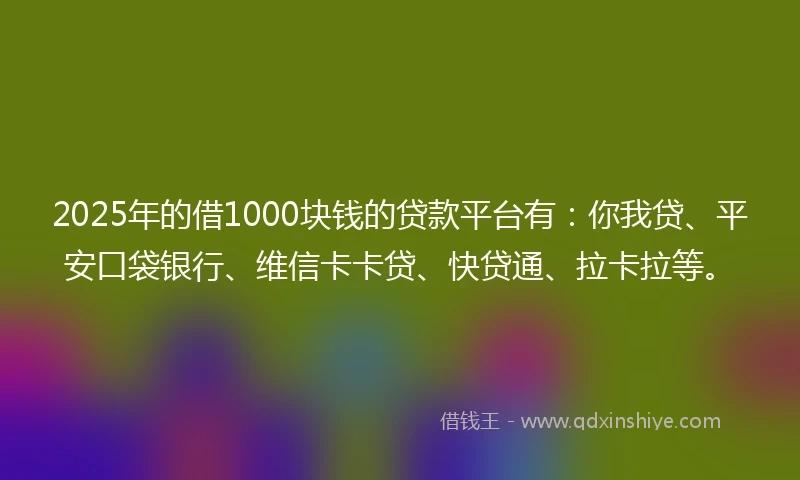 2025年的借1000块钱的贷款平台有:你我贷、平安口袋银行、维信卡卡贷、快贷通、拉卡拉等。