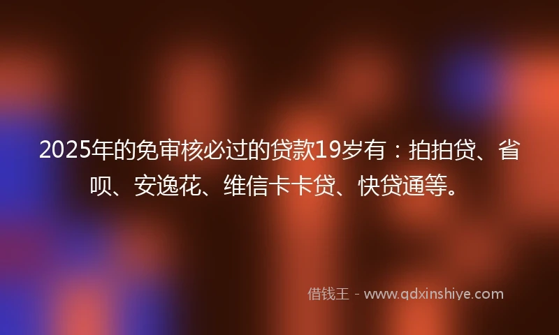 2025年的免审核必过的贷款19岁有：拍拍贷、省呗、安逸花、维信卡卡贷、快贷通等。