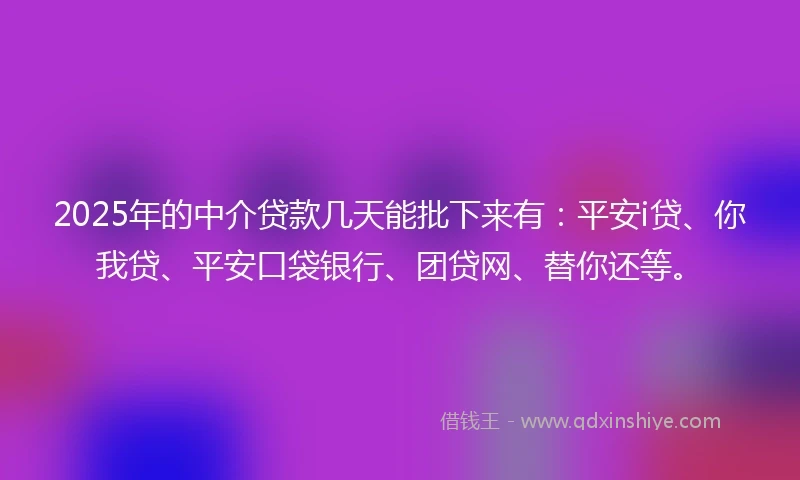 2025年的中介贷款几天能批下来有：平安i贷、你我贷、平安口袋银行、团贷网、替你还等。