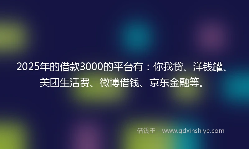 2025年的借款3000的平台有：你我贷、洋钱罐、美团生活费、微博借钱、京东金融等。