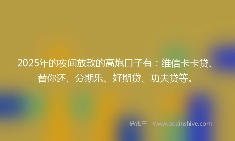 2025年的夜间放款的高炮口子有：维信卡卡贷、替你还、分期乐、好期贷、功夫贷等。
