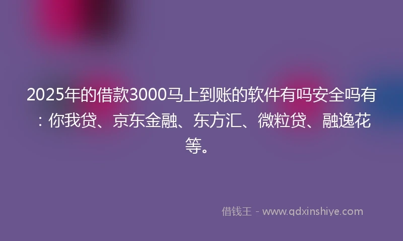 2025年的借款3000马上到账的软件有吗安全吗有：你我贷、京东金融、东方汇、微粒贷、融逸花等。