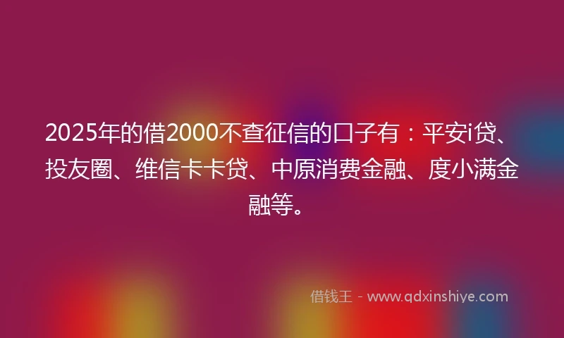 2025年的借2000不查征信的口子有：平安i贷、投友圈、维信卡卡贷、中原消费金融、度小满金融等。