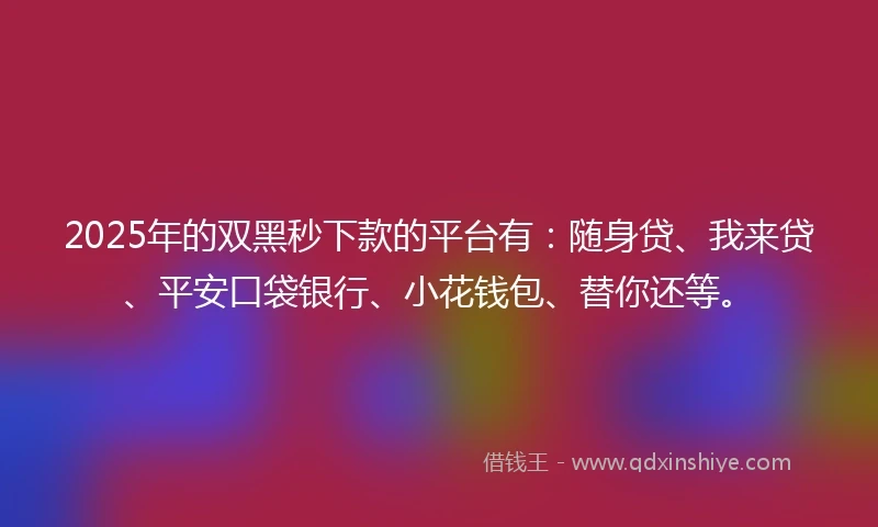 2025年的双黑秒下款的平台有：随身贷、我来贷、平安口袋银行、小花钱包、替你还等。