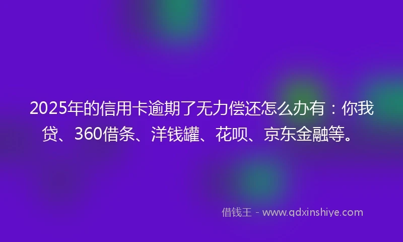 2025年的信用卡逾期了无力偿还怎么办有:你我贷、360借条、洋钱罐、花呗、京东金融等。