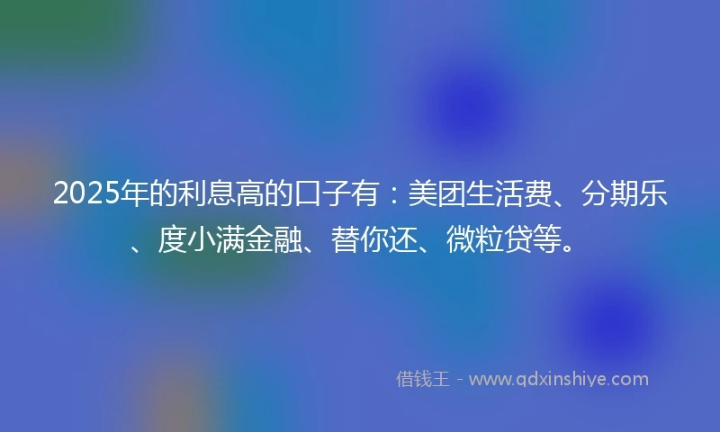 2025年的利息高的口子有：美团生活费、分期乐、度小满金融、替你还、微粒贷等。