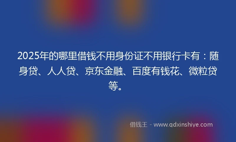 2025年的哪里借钱不用身份证不用银行卡有：随身贷、人人贷、京东金融、百度有钱花、微粒贷等。