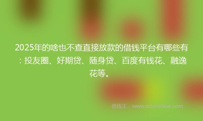 2025年的啥也不查直接放款的借钱平台有哪些有：投友圈、好期贷、随身贷、百度有钱花、融逸花等。