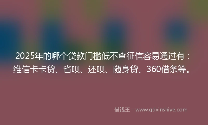 2025年的哪个贷款门槛低不查征信容易通过有：维信卡卡贷、省呗、还呗、随身贷、360借条等。
