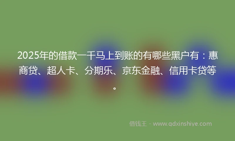 2025年的借款一千马上到账的有哪些黑户有：惠商贷、超人卡、分期乐、京东金融、信用卡贷等。
